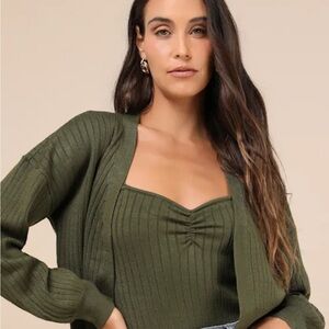 Lulu's Cutest Duet Olive Green Knit Cami Top and Cardigan Sweater Set